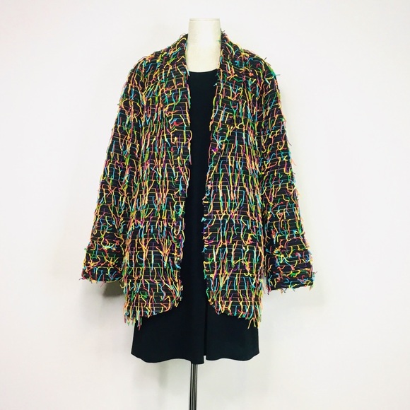 Car Pool Couture Funky Retro Black/Colorful Fringe Stripe Open-Front Blazer Larg - Picture 1 of 12